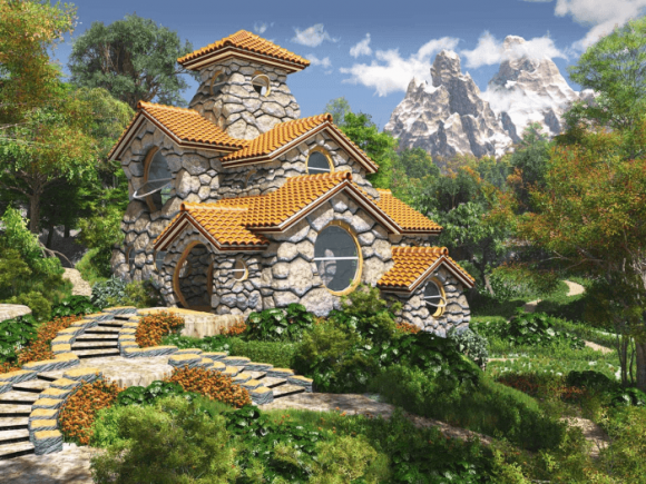 Дом из камня с многоуровневой крышей